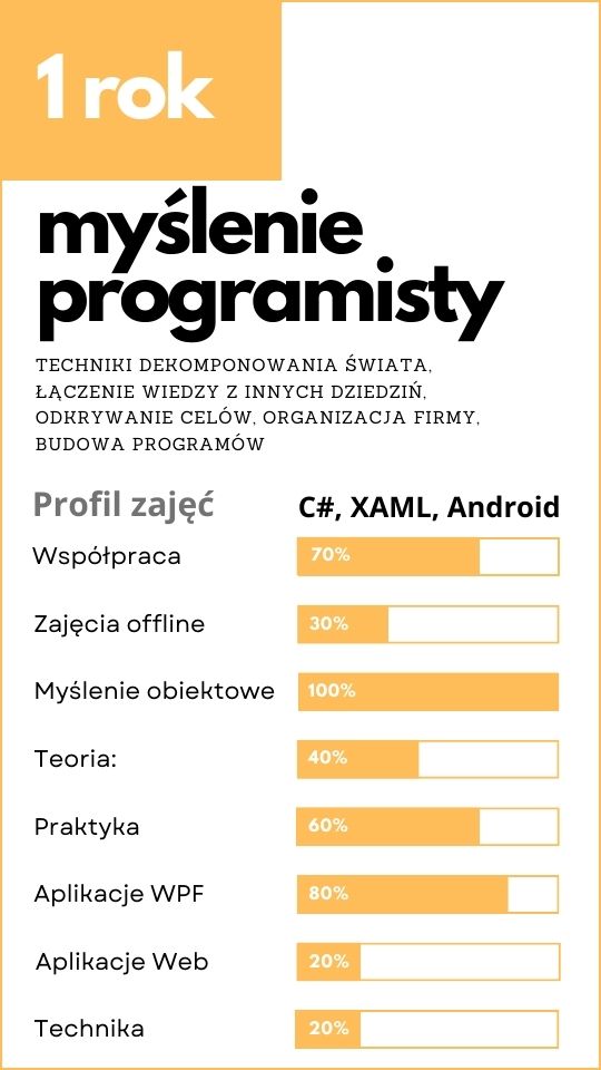 1 rok - myślenie programisty. Techniki dekomponowania świata, łączenie wiedzy z innych dziedziń,  odkrywanie celów, organizacja firmy, budowa programów