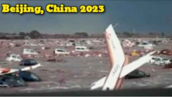 Footage of thousands of vehicles, planes & houses swept away by floods in Beijing, China today