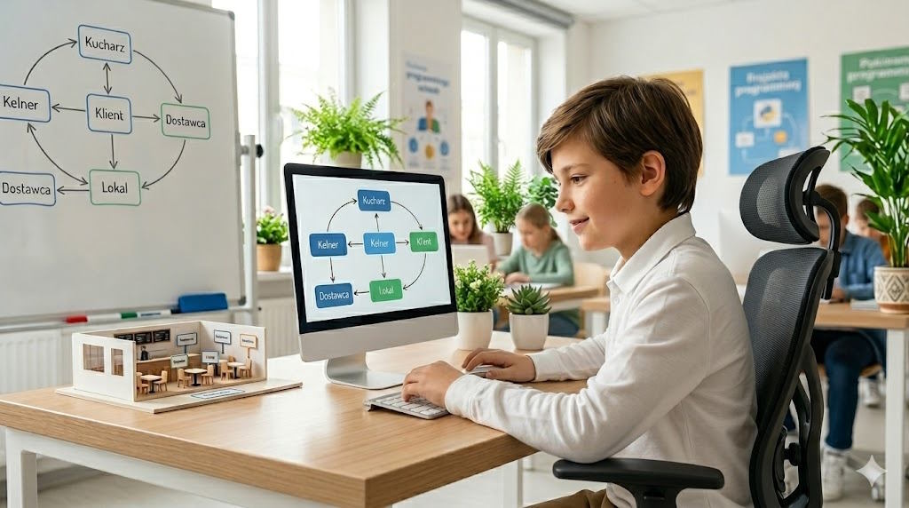 Dziecko z laptopem przy modelu restauracji — diagram systemu z rolami kucharza, kelnera, dostawcy i klienta — zajęcia KidsPRO