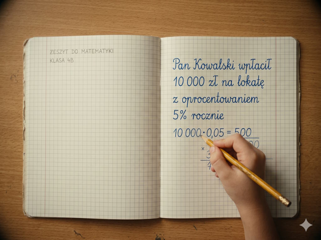 Otwarty zeszyt szkolny z zadaniem matematycznym o procencie składanym, dłoń dziecka z ołówkiem rozwiązuje zadanie