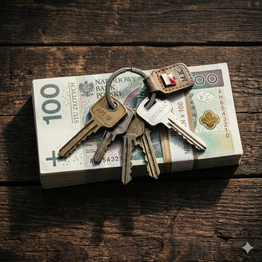 Klucze do mieszkania na tle pliku banknotów — symbol pobierania renty z cudzej pracy