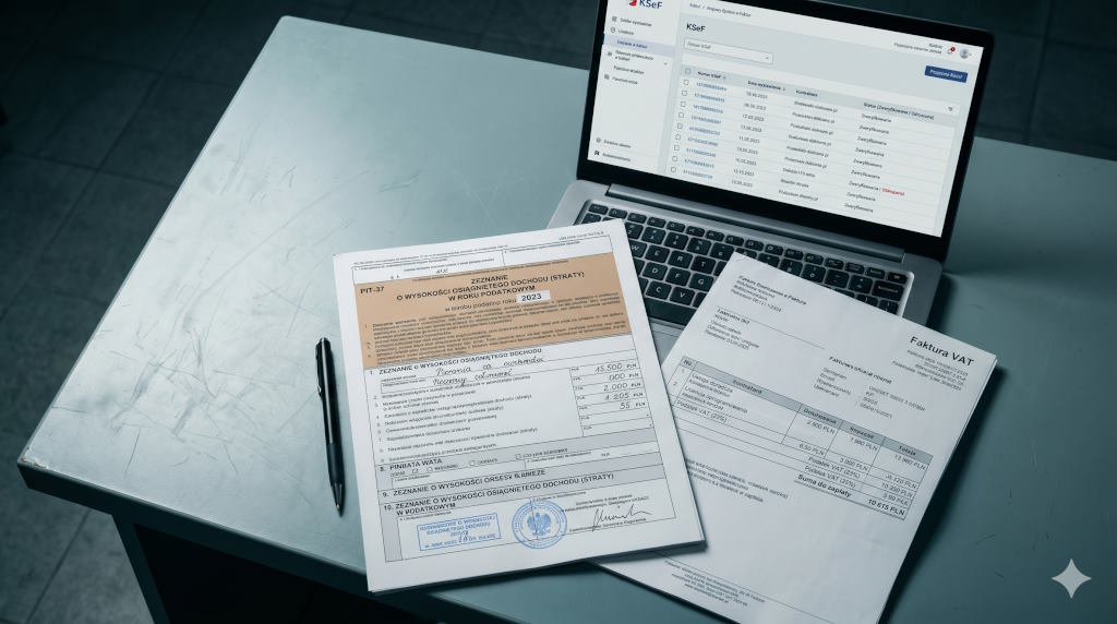 Formularz PIT, faktura VAT i ekran systemu KSeF — symbole państwowych mechanizmów pobierania renty z pracy obywateli